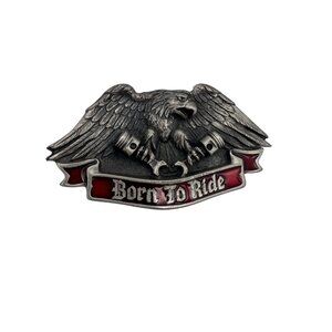 Born To Ride Eagle Belt Buckle Pewter Red Banner 4" x 2" Vintage Heavy Duty